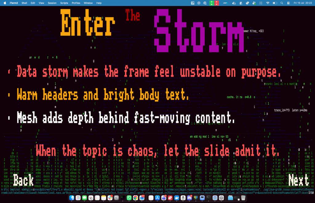 A Keynope deck with an animated data-storm background